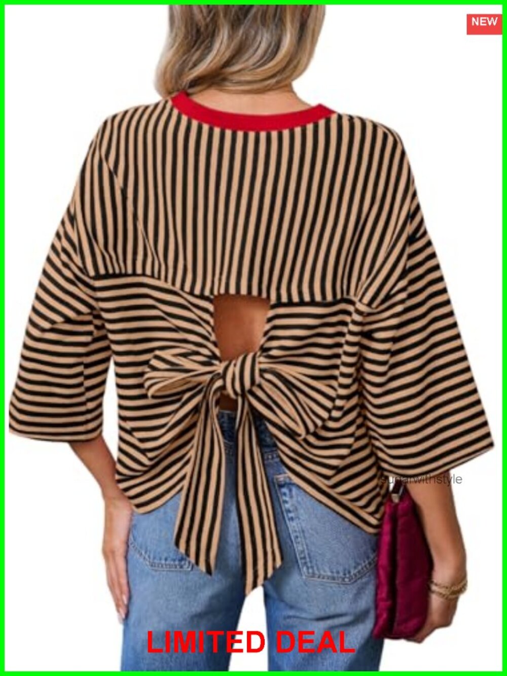 Striped Tie Back Short Sleeve T Shirt Ribbed Knit Crewneck Loose Fit Casual